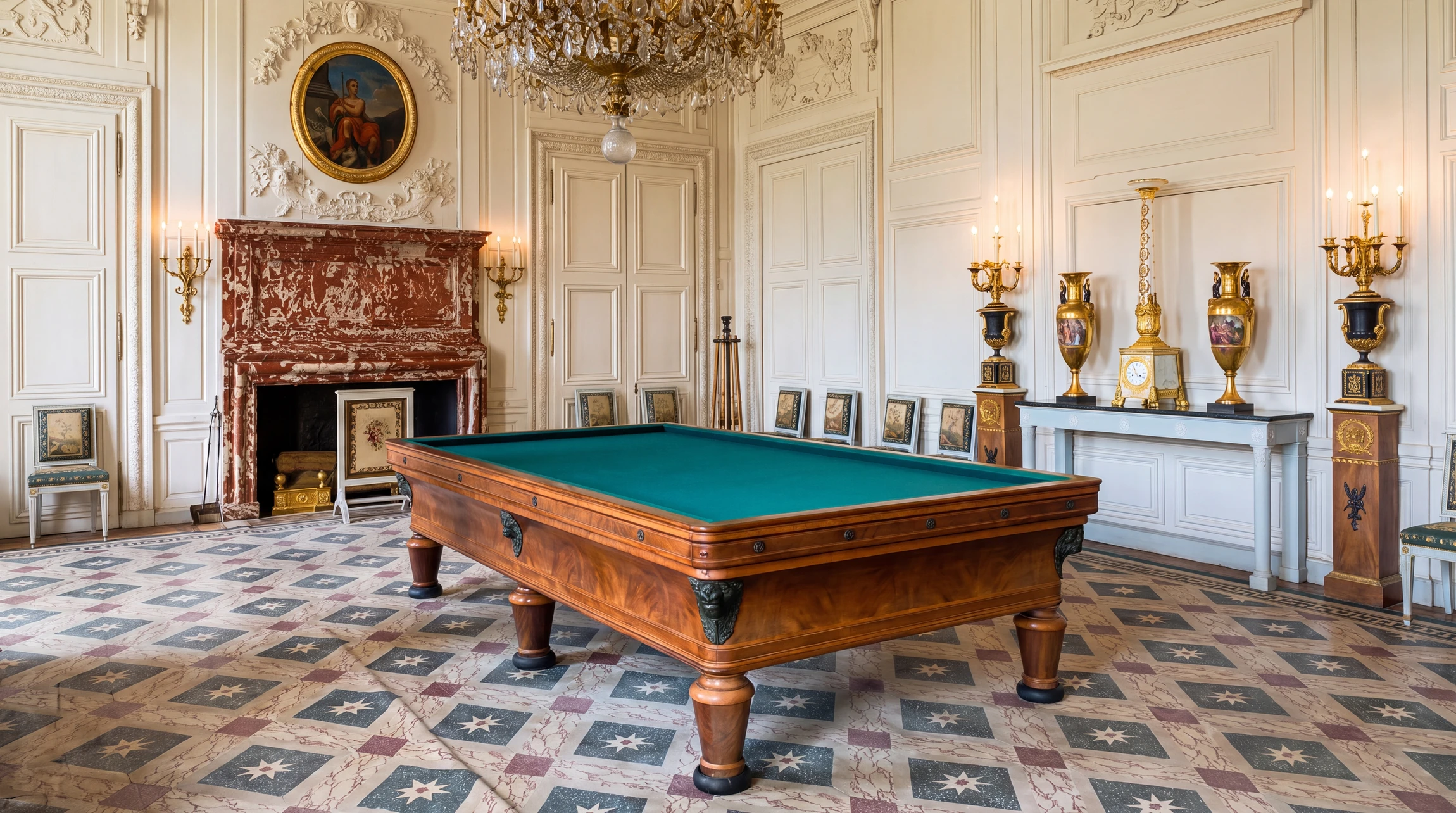 Salle de billard palatiale de style néoclassique français, table de billard Empire en acajou flammé avec tapis vert, pieds tournés et ornements en bronze doré